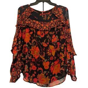 LOFT Women's Ruffle Black Orange Floral Gypsy Bohemian Y2K Style Top Size Small